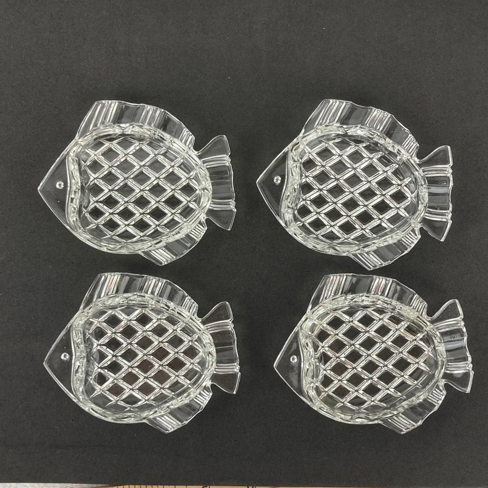 VTG Czechoslovakian Cubist Clear Glass Fish Ashtray Petite Set of 4, 4”